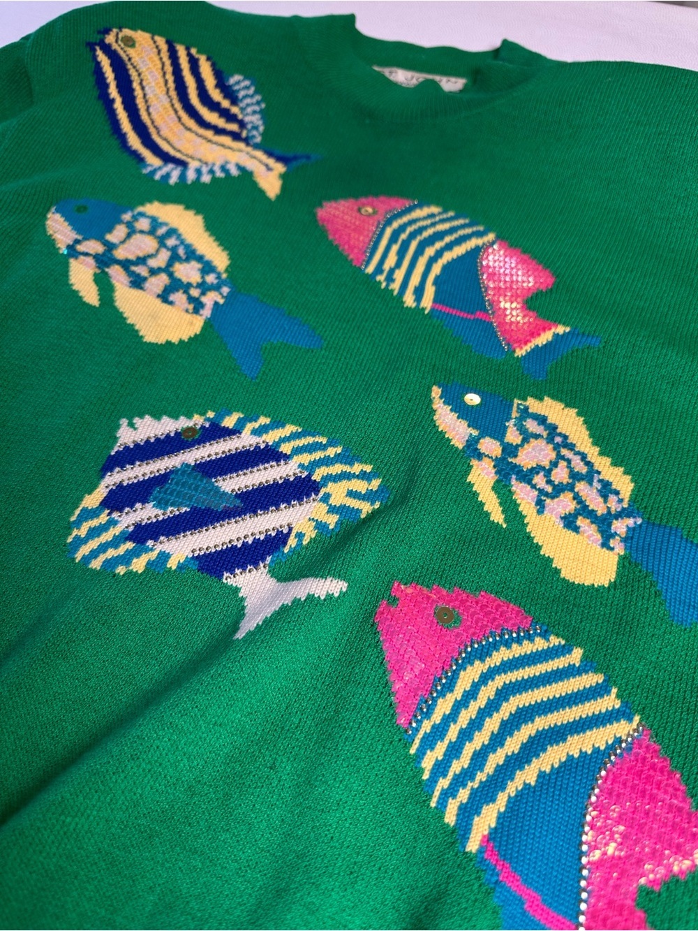Vintage 80’s St John Fish Sweater Womens Size 3 Green Tropical Knit USA - Picture 7 of 11